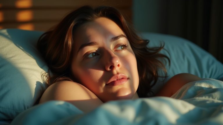 Person lying awake in bed in soft morning light, appearing tired and thoughtful amidst a cozy, slightly cluttered bedroom.