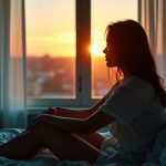 A person in their twenties adjusting noise-canceling curtains in a softly lit bedroom at sunset, blending warm and cool lighting for a tranquil atmosphere.