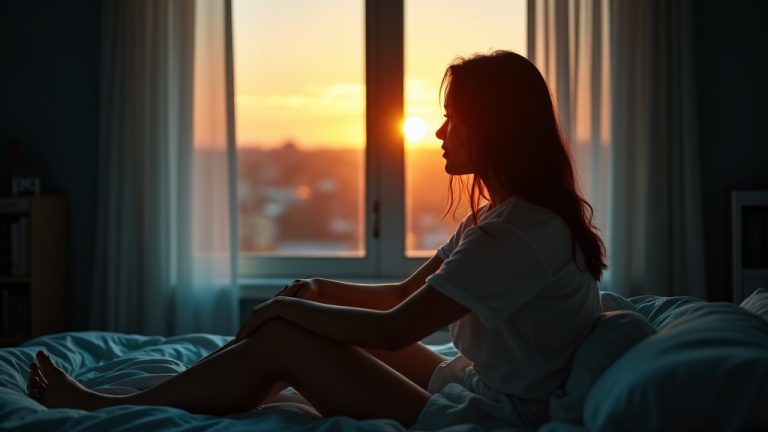 A person in their twenties adjusting noise-canceling curtains in a softly lit bedroom at sunset, blending warm and cool lighting for a tranquil atmosphere.