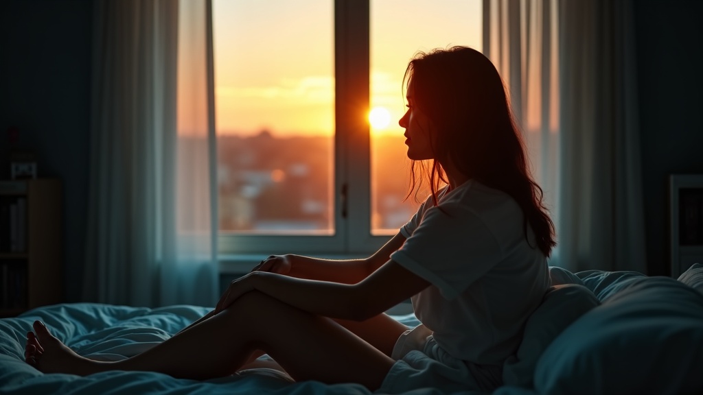 A person in their twenties adjusting noise-canceling curtains in a softly lit bedroom at sunset, blending warm and cool lighting for a tranquil atmosphere.