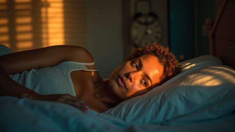 A middle-aged person lies awake on a neatly made bed at dusk, illuminated by soft window light and gazing thoughtfully at a wall clock, reflecting common feelings before a sleep clinic visit.