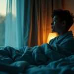 A person sits thoughtfully in bed at dawn, gazing out a softly lit window in a tranquil bedroom, highlighting the quiet tension of early morning wakefulness.
