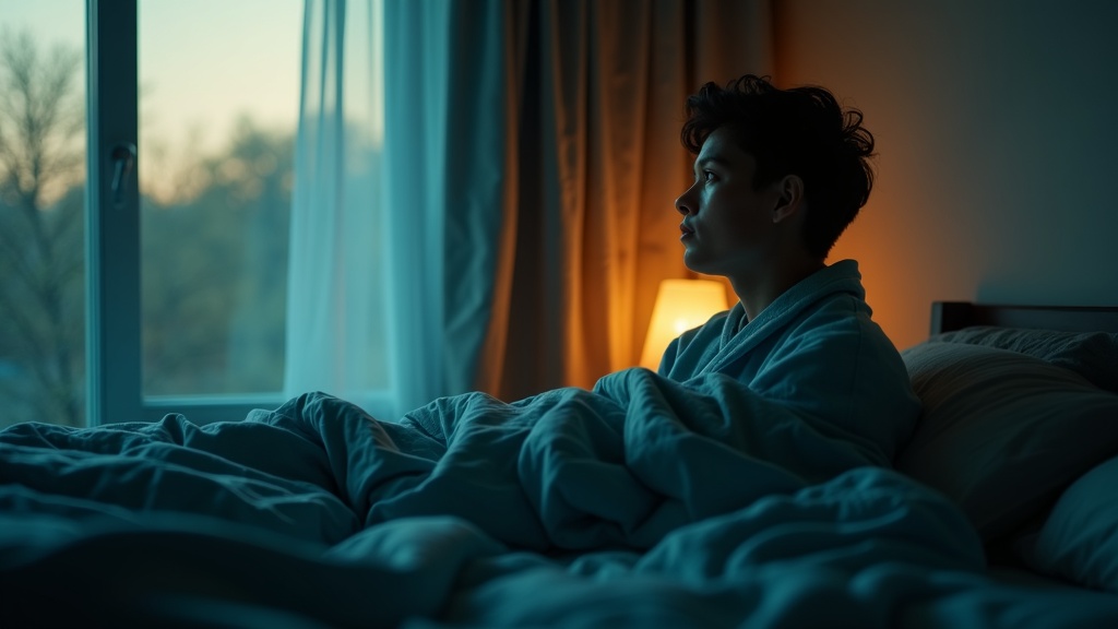 A person sits thoughtfully in bed at dawn, gazing out a softly lit window in a tranquil bedroom, highlighting the quiet tension of early morning wakefulness.