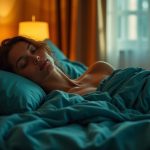 A cozy modern bedroom with a person waking in bed near partially drawn blackout curtains, warm light softly entering around the edges against rich room colors