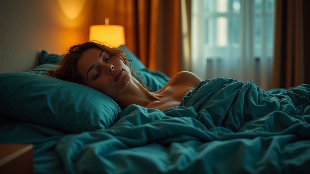 A cozy modern bedroom with a person waking in bed near partially drawn blackout curtains, warm light softly entering around the edges against rich room colors