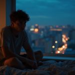 A young adult sits thoughtfully on the edge of a bed in a softly lit bedroom at twilight, reflecting on stress before sleep against an urban evening backdrop.