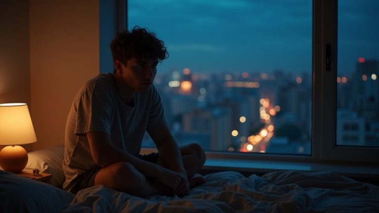 A young adult sits thoughtfully on the edge of a bed in a softly lit bedroom at twilight, reflecting on stress before sleep against an urban evening backdrop.