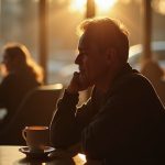 A person sits in a warmly lit cafe at sunset, gazing at an empty coffee cup with thoughtful concern, capturing the link between late-day caffeine and sleep disruption.