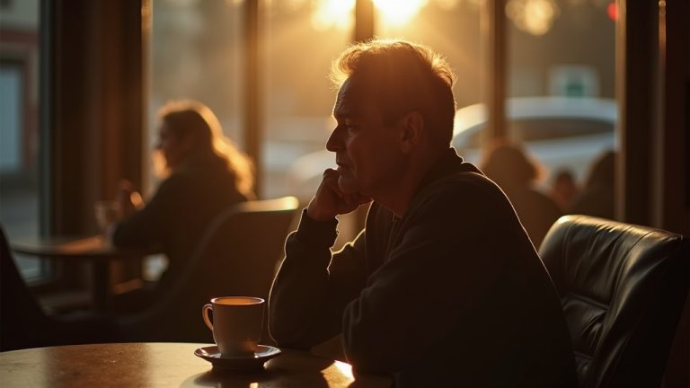 A person sits in a warmly lit cafe at sunset, gazing at an empty coffee cup with thoughtful concern, capturing the link between late-day caffeine and sleep disruption.