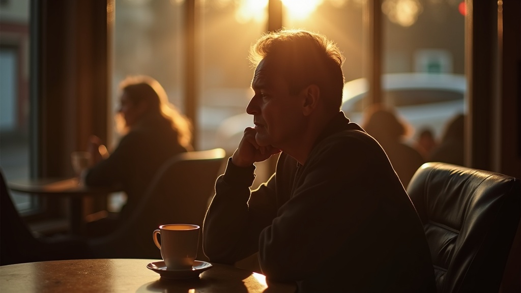 A person sits in a warmly lit cafe at sunset, gazing at an empty coffee cup with thoughtful concern, capturing the link between late-day caffeine and sleep disruption.