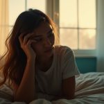 Person sitting on bed at dawn with a thoughtful, fatigued expression, natural light highlighting signs of morning tiredness and emotional strain.