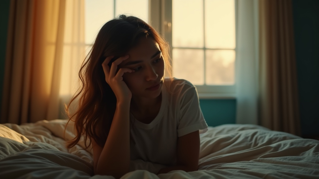 Person sitting on bed at dawn with a thoughtful, fatigued expression, natural light highlighting signs of morning tiredness and emotional strain.