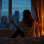A cozy small bedroom at dusk with a young adult drawing back a curtain to reveal a city skyline, warmly lit by an amber bedside lamp amid thoughtful, lived-in decor.