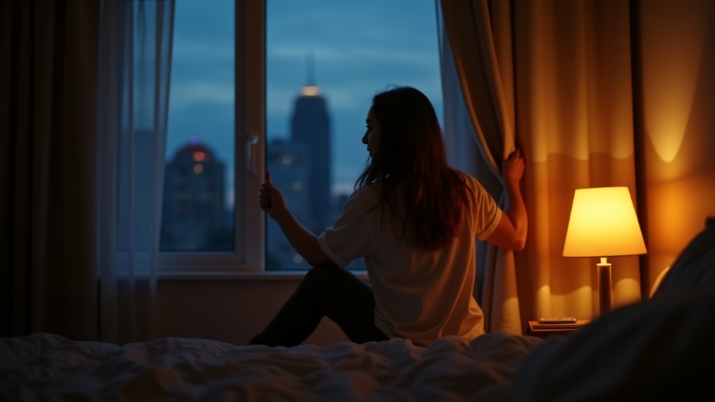 A cozy small bedroom at dusk with a young adult drawing back a curtain to reveal a city skyline, warmly lit by an amber bedside lamp amid thoughtful, lived-in decor.