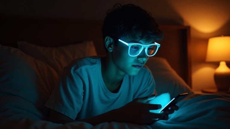 Young adult wearing blue light glasses in bed at night, thoughtfully using a smartphone with warm ambient lighting and cool phone glow.