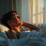 A young adult lies awake in bed at dusk, looking thoughtful and fatigued as patterned evening light casts across a cozy bedroom.