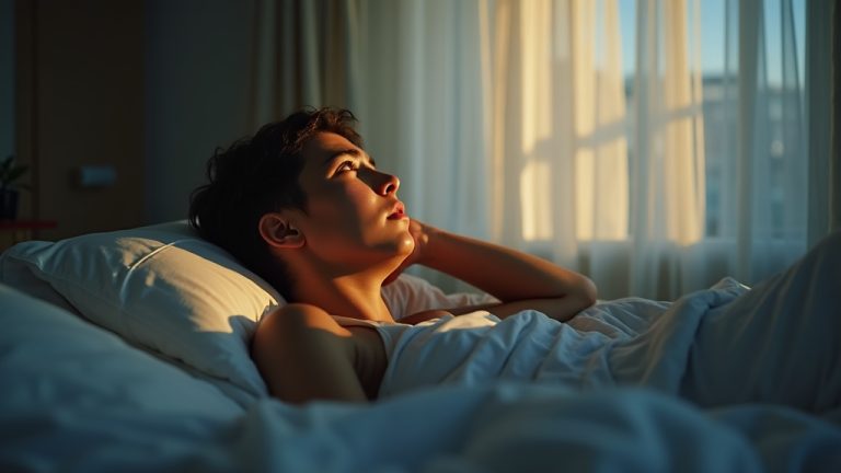 A young adult lies awake in bed at dusk, looking thoughtful and fatigued as patterned evening light casts across a cozy bedroom.