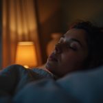 Person awakening at 3 am in a softly lit bedroom, appearing calm and determined under a bedside lamp with night sky visible through curtained window.