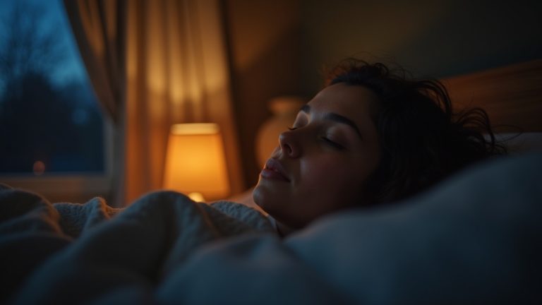 Person awakening at 3 am in a softly lit bedroom, appearing calm and determined under a bedside lamp with night sky visible through curtained window.