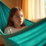 Teen girl thoughtfully relaxing in a turquoise hammock in her softly lit bedroom, highlighting a calm atmosphere and healthy routines related to teen sleep.
