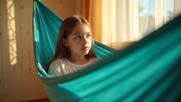 Teen girl thoughtfully relaxing in a turquoise hammock in her softly lit bedroom, highlighting a calm atmosphere and healthy routines related to teen sleep.