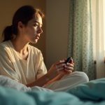 A young adult examines a modern sleep tracker in a softly lit, cozy bedroom, reflecting a thoughtful moment before starting the day.