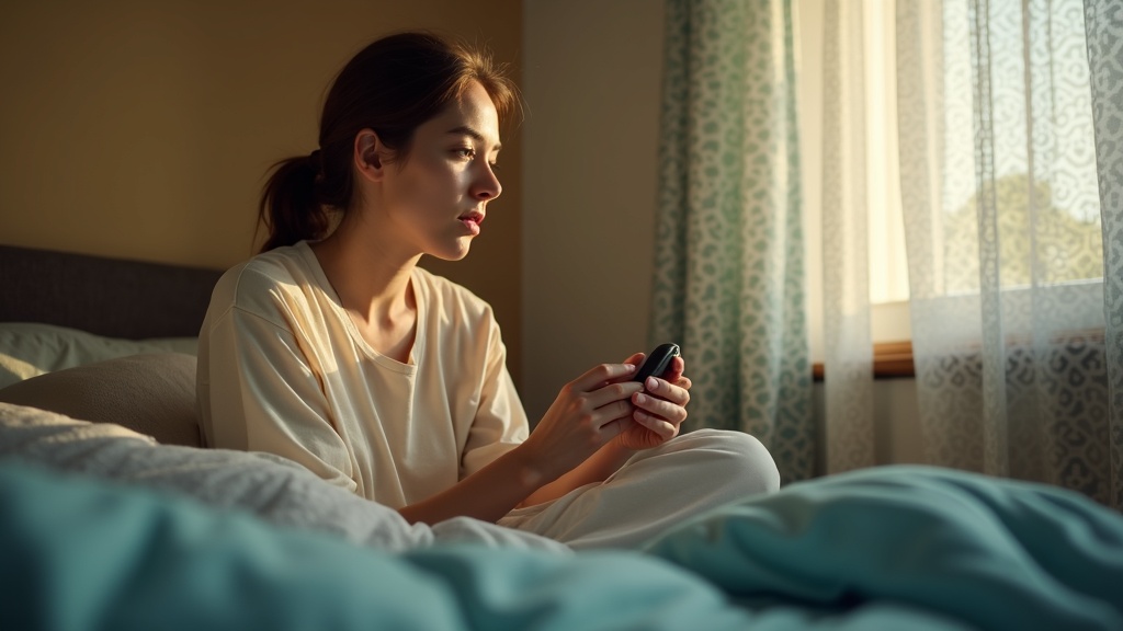 A young adult examines a modern sleep tracker in a softly lit, cozy bedroom, reflecting a thoughtful moment before starting the day.