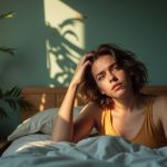 Young adult looking confused and thoughtful on bed in morning sunlight, reflecting on waking up groggy after sleeping in.