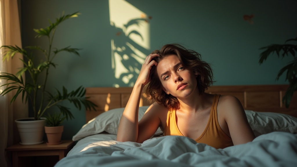 Young adult looking confused and thoughtful on bed in morning sunlight, reflecting on waking up groggy after sleeping in.