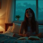 Teenage girl reading on her bed in a softly lit bedroom with a warm lamp and cool evening light, creating a calm and thoughtful atmosphere.