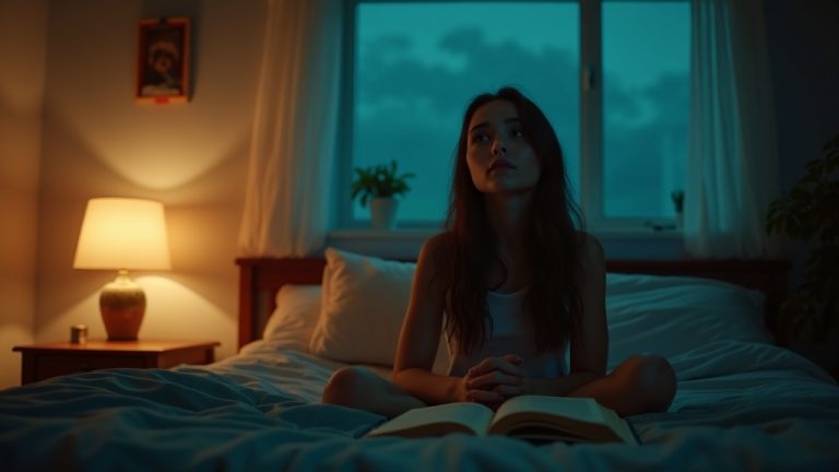 Teenage girl reading on her bed in a softly lit bedroom with a warm lamp and cool evening light, creating a calm and thoughtful atmosphere.