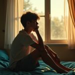 A young adult sits thoughtfully on the edge of a sunlit bed, reflecting on their morning in a cozy bedroom with amber light and soft shadows.