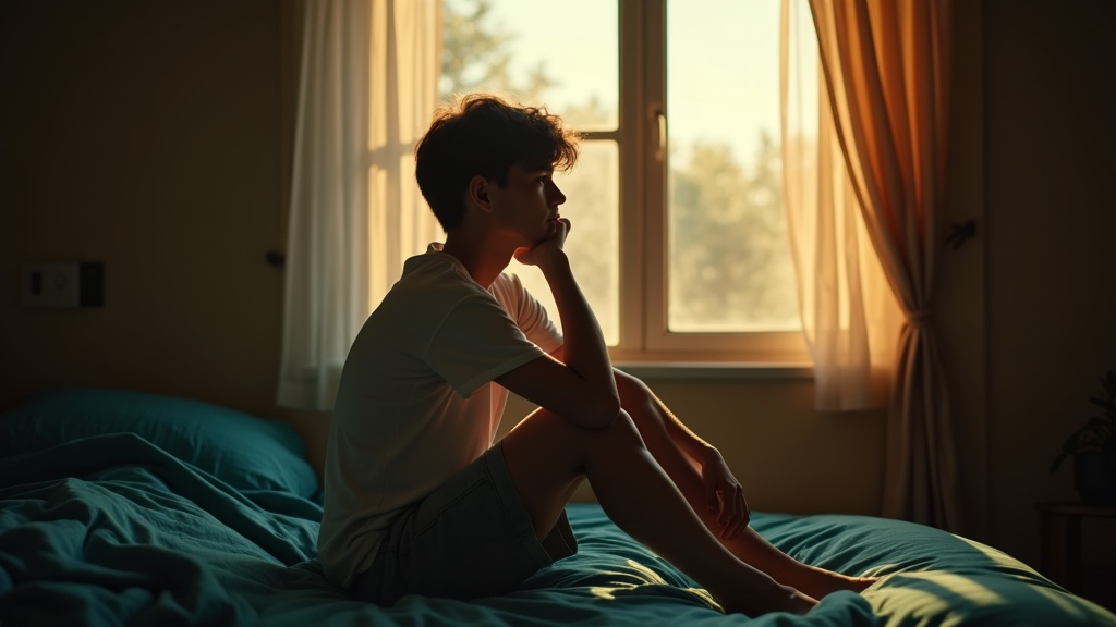 A young adult sits thoughtfully on the edge of a sunlit bed, reflecting on their morning in a cozy bedroom with amber light and soft shadows.