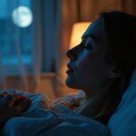 A thoughtful young adult lies in bed at night, illuminated by moonlight and a bedside lamp, quietly reflecting by a curtained window with a pillow held close.