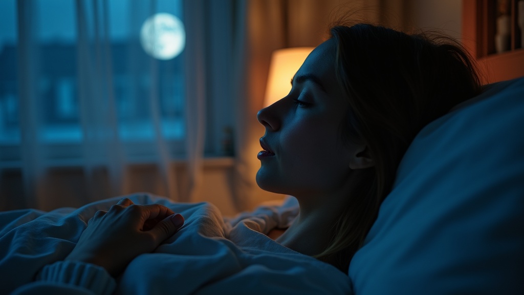 A thoughtful young adult lies in bed at night, illuminated by moonlight and a bedside lamp, quietly reflecting by a curtained window with a pillow held close.