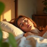 A peaceful bedroom at dawn with a relaxed person waking up, partially obscured by lush green cascading leaves and soft morning light casting leaf shadows across their face.