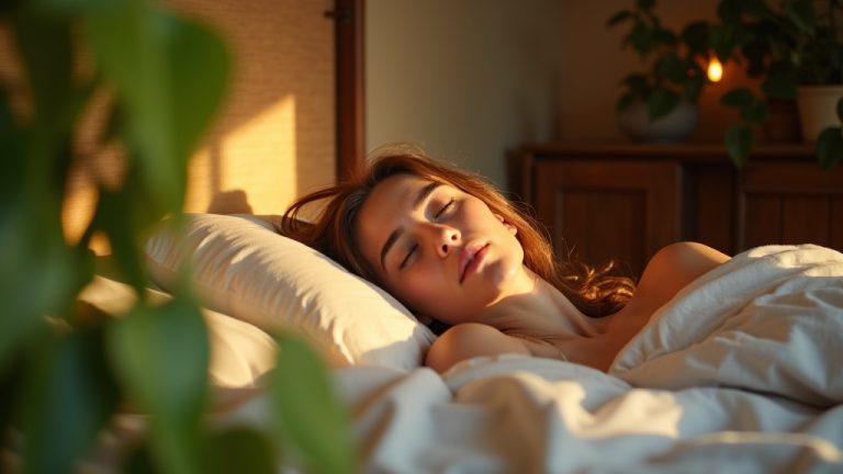 A peaceful bedroom at dawn with a relaxed person waking up, partially obscured by lush green cascading leaves and soft morning light casting leaf shadows across their face.