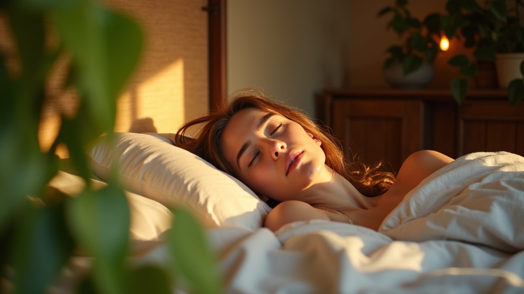 A peaceful bedroom at dawn with a relaxed person waking up, partially obscured by lush green cascading leaves and soft morning light casting leaf shadows across their face.