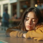 Young adult peacefully napping in a cozy cafe corner during late afternoon, surrounded by blurred motion and warm sunlight.