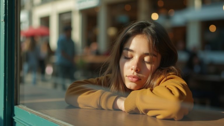 Young adult peacefully napping in a cozy cafe corner during late afternoon, surrounded by blurred motion and warm sunlight.