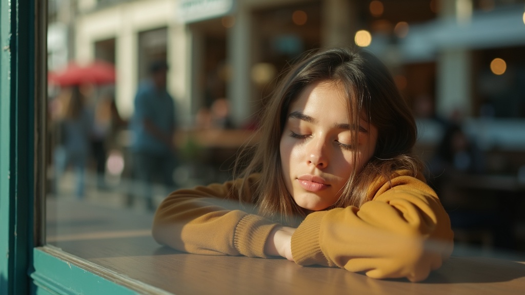 Young adult peacefully napping in a cozy cafe corner during late afternoon, surrounded by blurred motion and warm sunlight.