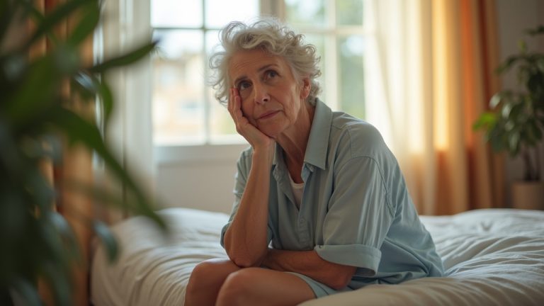 A middle-aged woman sits thoughtfully on the edge of a softly lit bed, reflecting quietly in a serene bedroom as morning light creates gentle highlights and shadows.