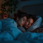A couple in a softly lit modern bedroom at night, one person sleeping peacefully while the other looks frustrated at various glowing light sources around the room.