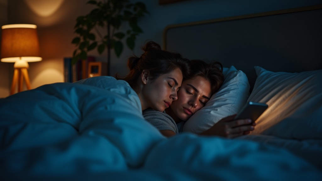 A couple in a softly lit modern bedroom at night, one person sleeping peacefully while the other looks frustrated at various glowing light sources around the room.