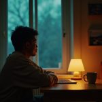 A night shift worker sits at a kitchen table in soft dawn light, thoughtfully looking out the window, illuminated by a warm lamp as morning approaches.