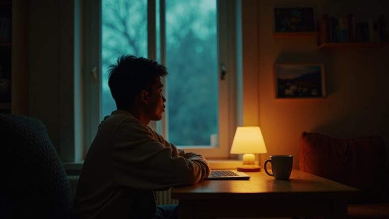 A night shift worker sits at a kitchen table in soft dawn light, thoughtfully looking out the window, illuminated by a warm lamp as morning approaches.