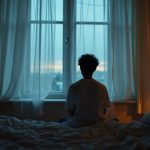 A person sits pensively at the edge of their bed in soft dawn light, contrasted by a gentle bedside lamp, reflecting a thoughtful early morning moment.
