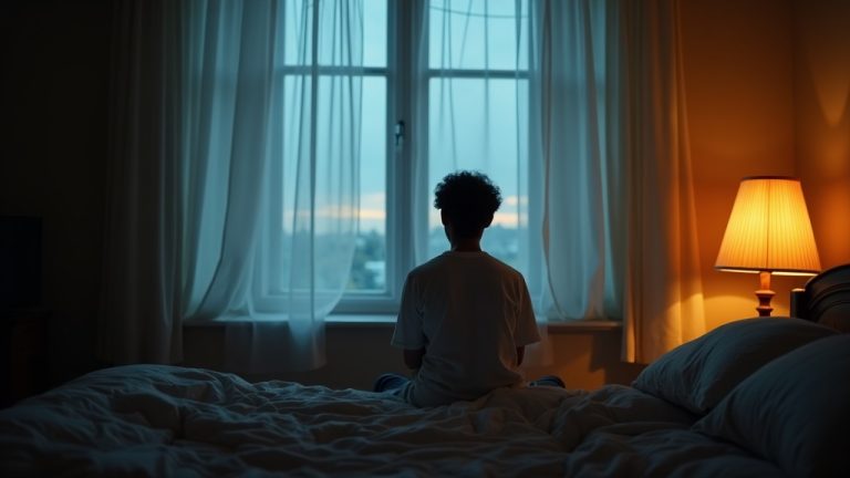 A person sits pensively at the edge of their bed in soft dawn light, contrasted by a gentle bedside lamp, reflecting a thoughtful early morning moment.