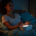 Person thoughtfully adjusting a white noise machine on a bedside table in a softly lit, tranquil bedroom with warm lamp glow and cool moonlight.