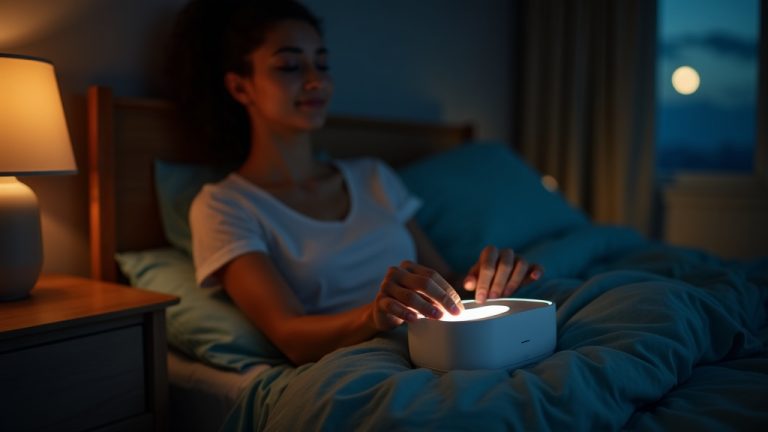 Person thoughtfully adjusting a white noise machine on a bedside table in a softly lit, tranquil bedroom with warm lamp glow and cool moonlight.